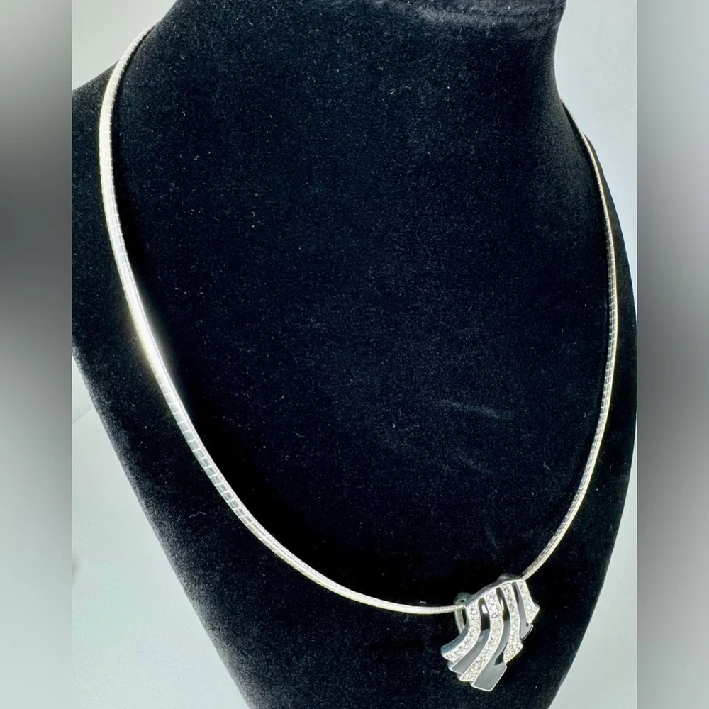 Avon Nina Ricci Black Enamel Rhinestone Silver Tone Necklace & Clip Earrings